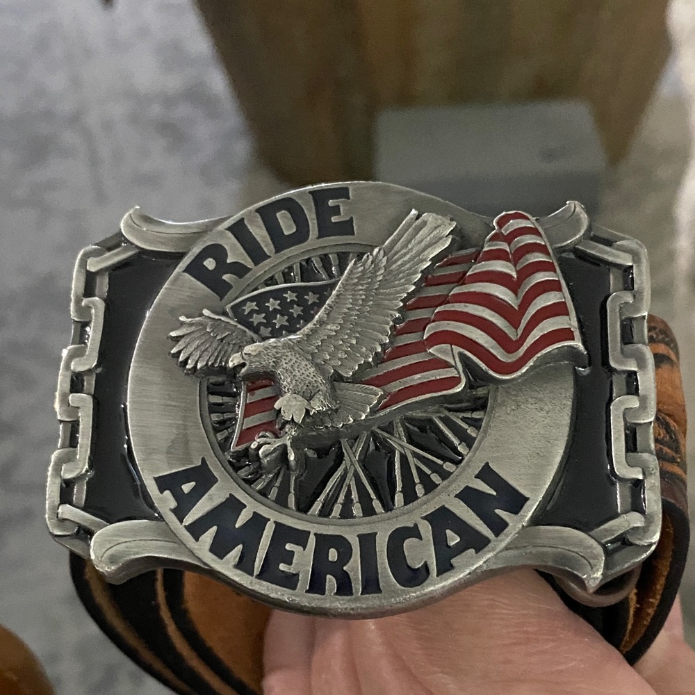 Masterpiece Buckles of America Flag Eagle Belt Buckle & Belt - XL